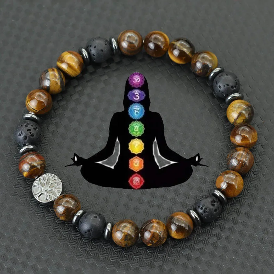 Yoga méditation hommes Bracelet de guérison à la main arbre de vie Braslet yeux de tigre naturels lave hématite pierre brin Bracelet Joias