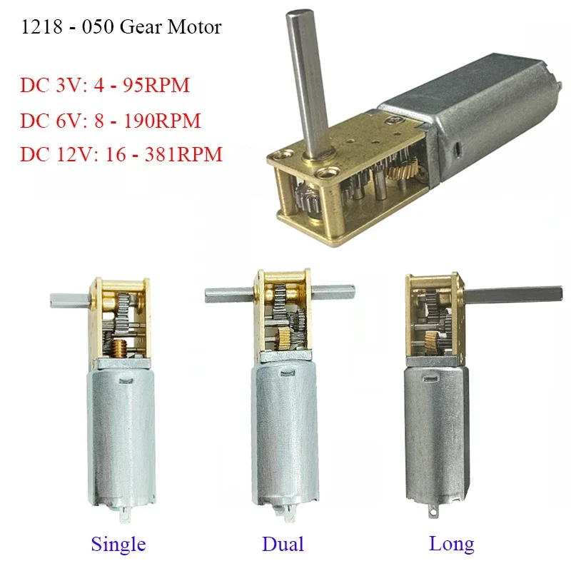 Silnik przekładniowy DC3V 6V 12V 1218-050 Mini 050 z pojedynczym/podwójnym/długim wałem, 4RPM-381RPM, wolnoobrotowy, o wysokim momencie obrotowym, z przekładnią ślimakową, w całości metalowa.