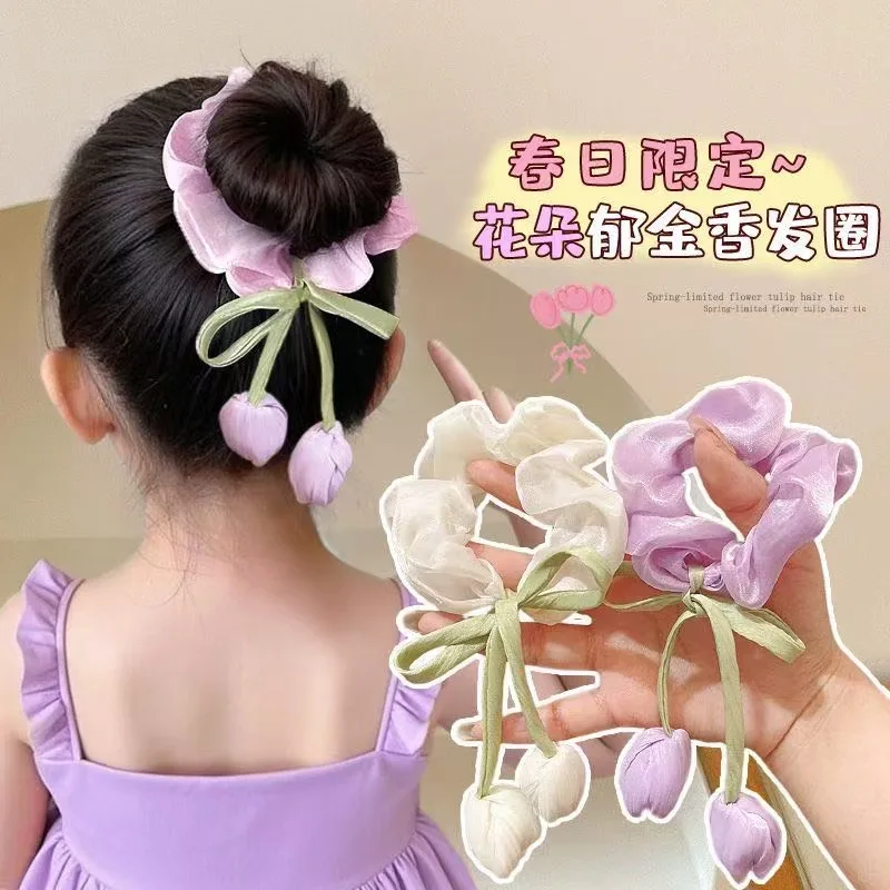 ربطة شعر الأميرة توليب زهرة سكرانشية حبل شعر للنساء عصابة رأس إكسسوار شعر للأطفال شريط مرن إكسسوار شعر