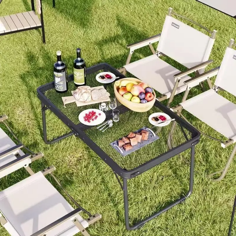 Outdoor camping folding mesh  portable picnic table lifting foldable mesh table barbecue stall