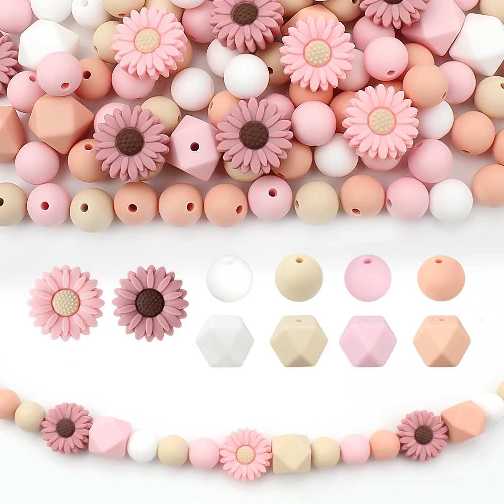 26PCS/Set Daisy Silicone Flower Focal Beads Round Hexagon Loose Spacer Beads For Keychain Jewelry Making DIY Beaded Pens Crafts