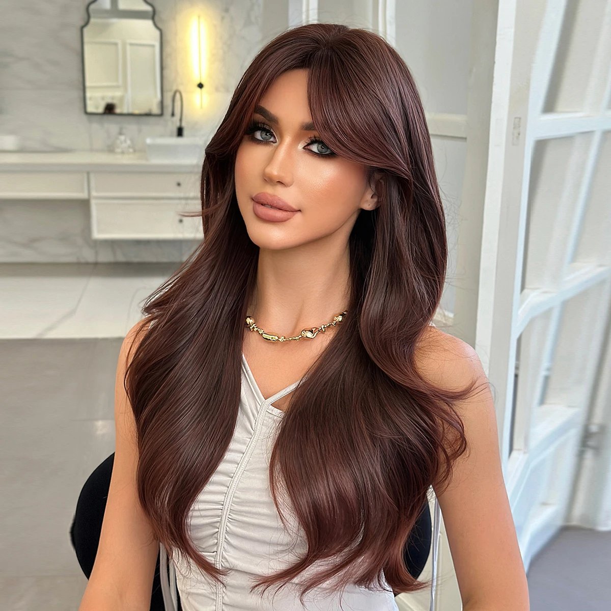 7JHH WIGS Long Body Wave Mocha Brown Wig for Women Modest Fashion Synthetic Layered Middle Part Dark Red Wigs with Curtain Bangs - view 3