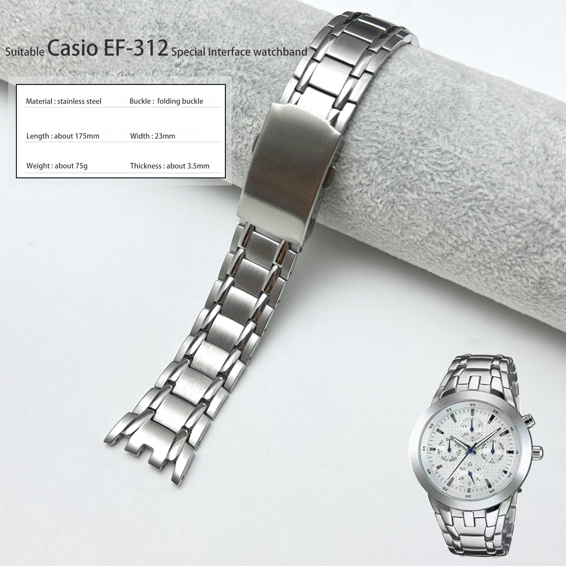Toothed Interface Watchband for Casio EF-312 Special Interface Watch Strap Men Silver Solid Stainless Steel Bracelet 23mm Chain