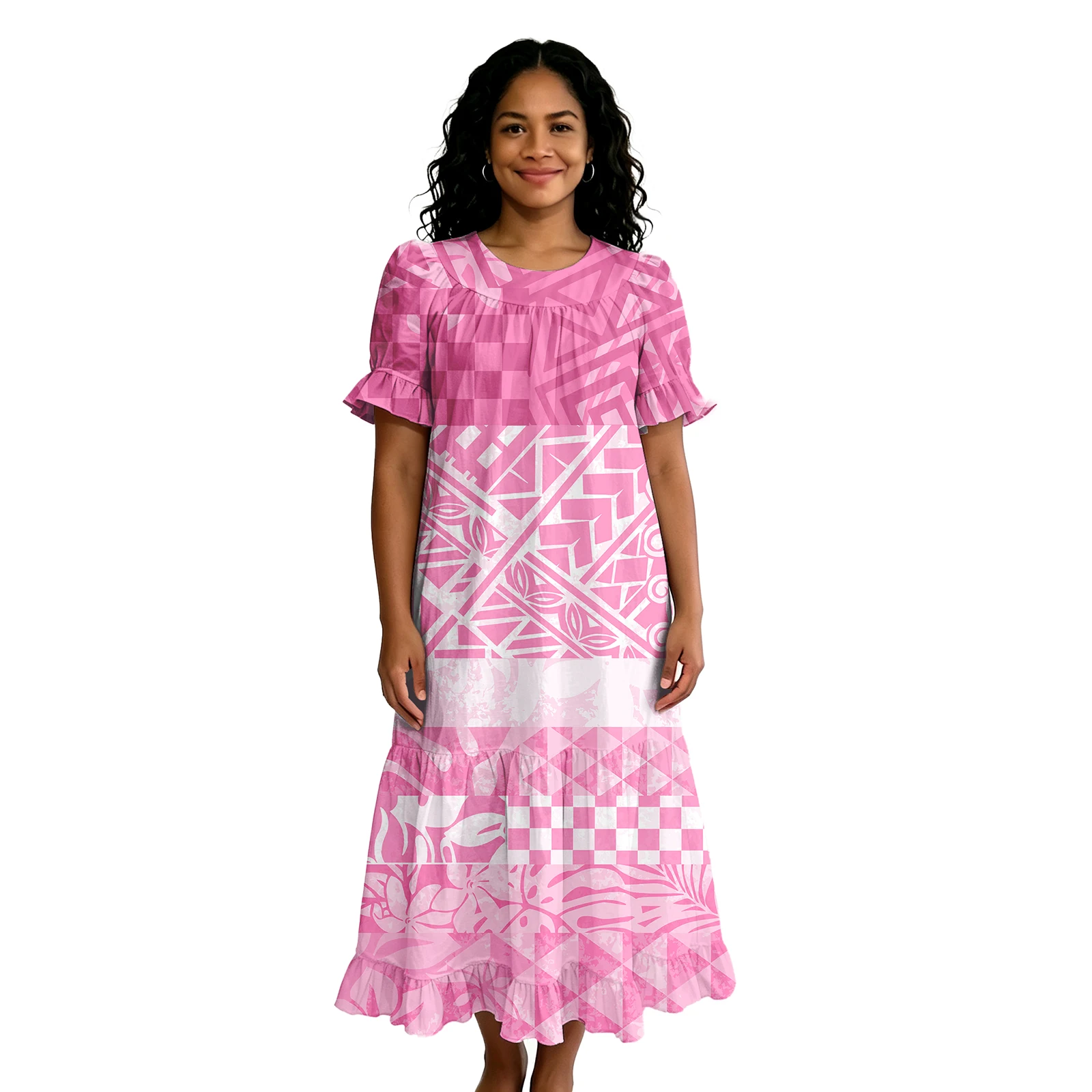 Tropical Pattern Trendy Classic Plus Size Ruffles Sleeve Polynesian Ladies Tribal Design Island Dress Pacific Women Samoan Dress