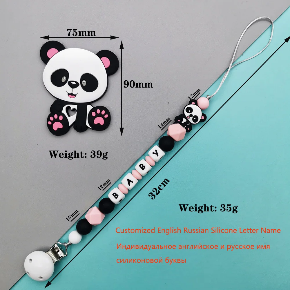 Custom English Russian Letters Name Baby Silicone Panda Pacifier Clips Chains Teether Pendants Baby  Teething Kawaii Toys Gifts