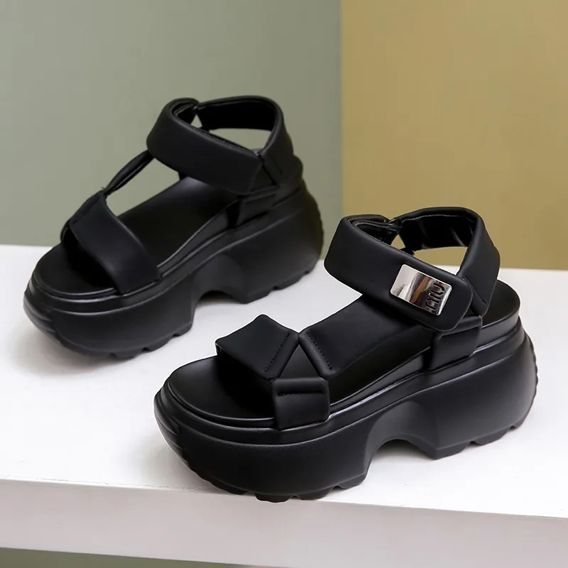 8.5cm Summer Fashion Thick Soled Roman Casual Lady Buckle Anti-Slip Ladies Shoes Wedge Heels Chain Platform Sandals Women 2024