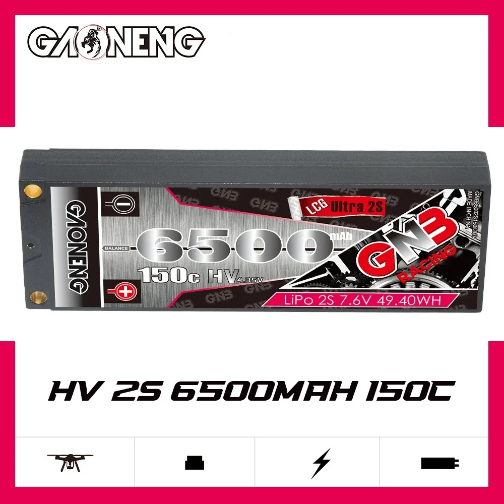 GAONENG GNB 6500mAh HV 2S 150C 300C 7.6V  Ultra LCG See Throught 5mm Built-in Bullet Hard Case LiPo Battery 1/10 and 1/8 scale