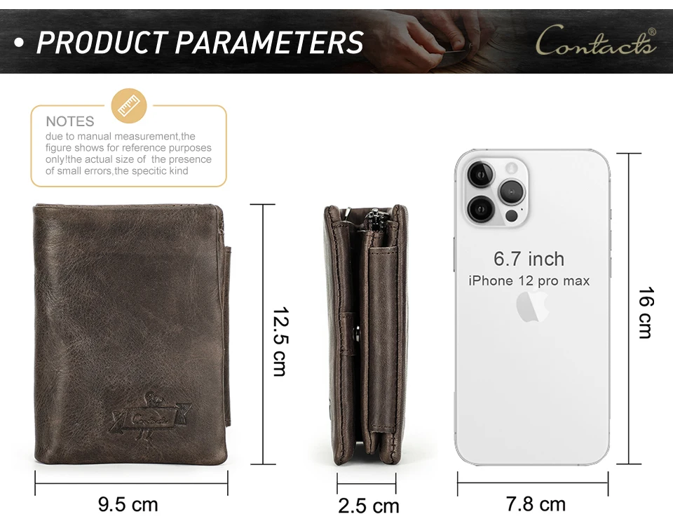 CONTACT'S Echtes Leder Männer Brieftasche Vintage Trifold Haspe Brieftasche Reißverschluss Geldbörse Kartenhalter Geld Clip männer Brieftaschen – Detail 12