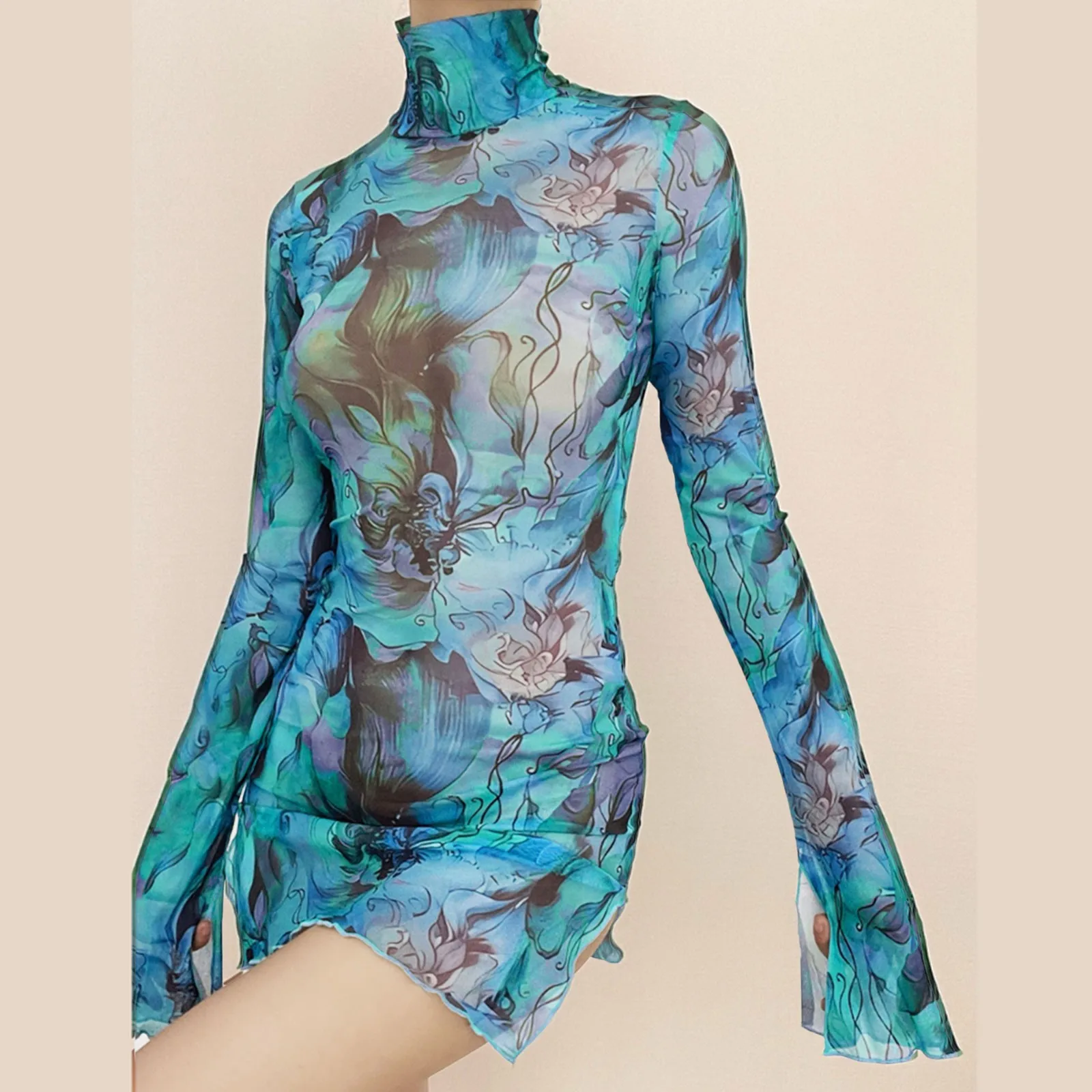 

Floral Printing Sheath Above Knee Mini Women Dress Female Full Sleeve Half High Collar Sexy Half Transparent Dress Vintage Dress