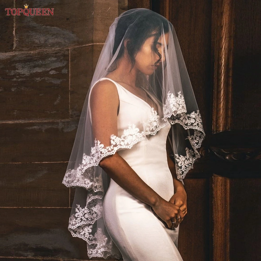 TOPQUEEN Two Tier Lace Wedding Veil with Blusher Bridal Veils Cover Front and Back Spanish Lace Blanket Short Wedding Veils V79