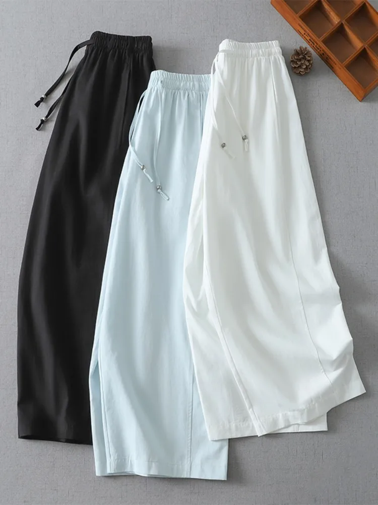 Retro Diagonal Stripe Wide Leg Pants Women's Summer Elastic Waist Pearl Buckle Slimming Knife Pants Loose Casual Nine-Piece P...