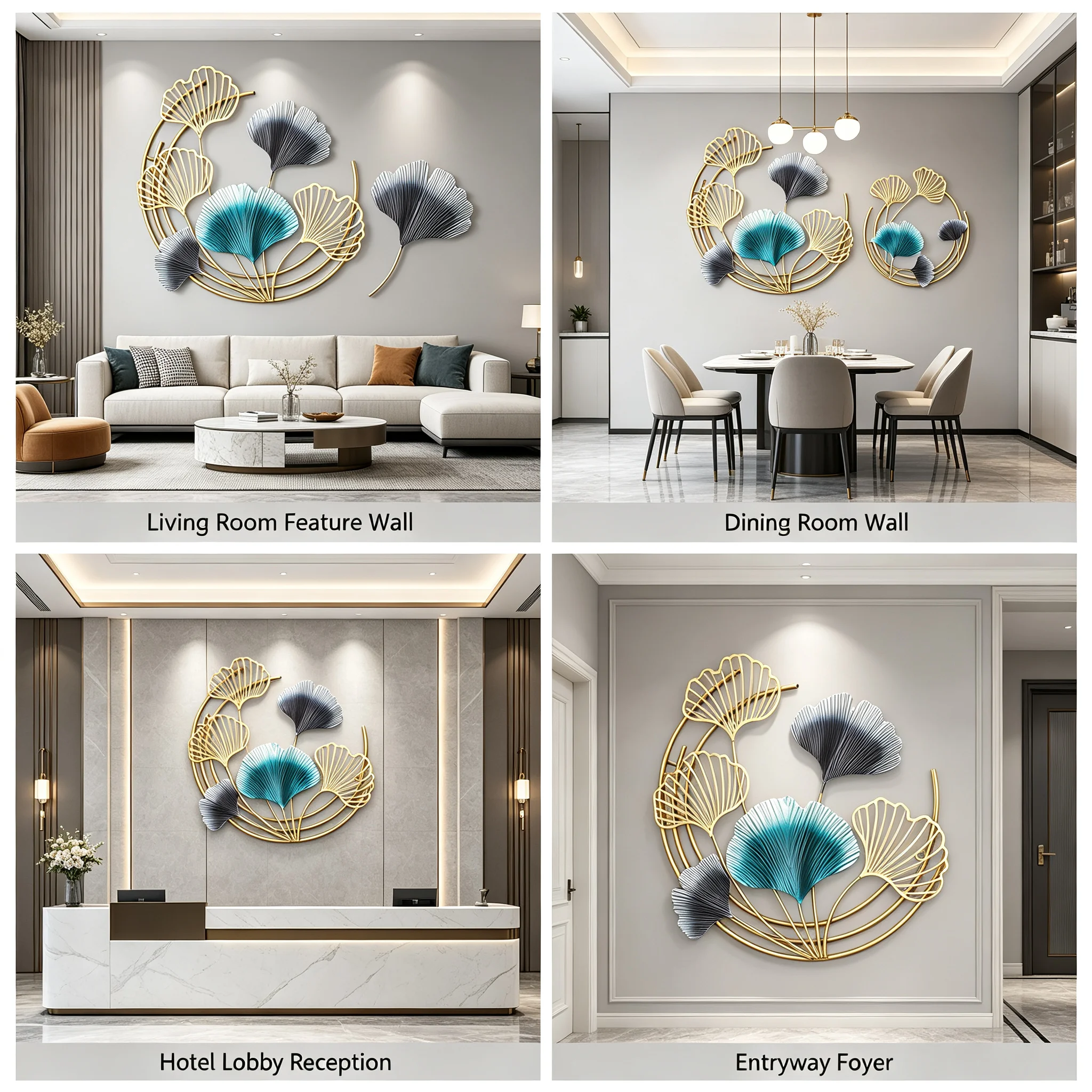 3-Piece Gold Metal Wall Art Decorations 18.9in Leaf Wall Sculptures, 3-in-1 Round Iron Leaves Hanging Decor for Living Room Dining Room Hotel Home Gift
