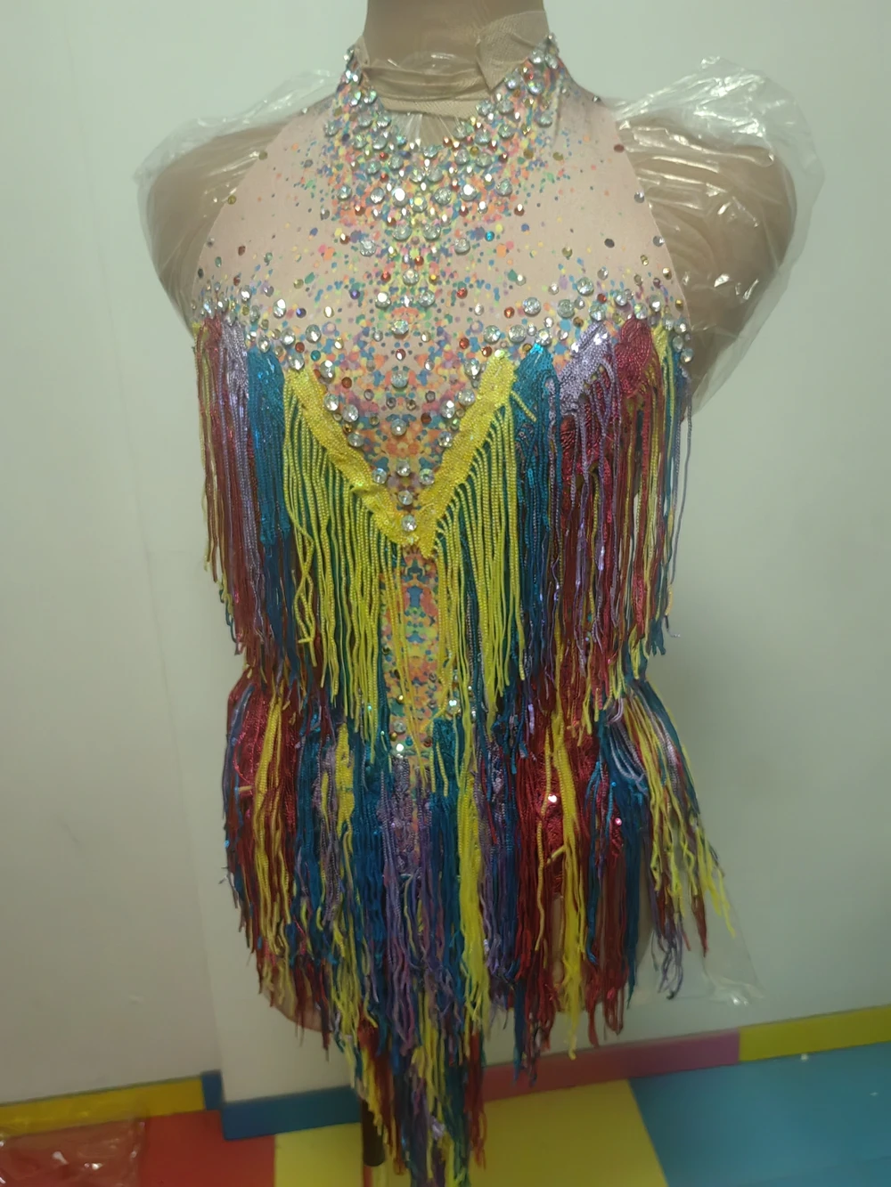 Sparkly Rhinestones Colorful Sequins Tassels Bodysuit for Women Sexy Performance Dance Costume Stage Wear Singer Dancer Clothing
