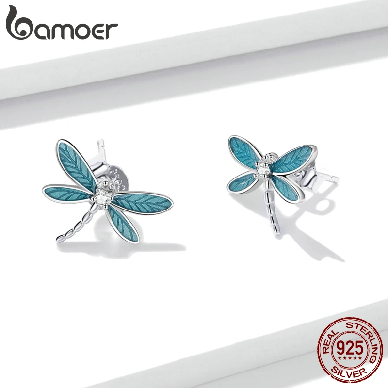 Bamoer 100% 925 Sterling Silver New Blue Pink Butterfly Flower Stud Earrings for Girl Insect Earrings Fine Wedding Jewelry Gift