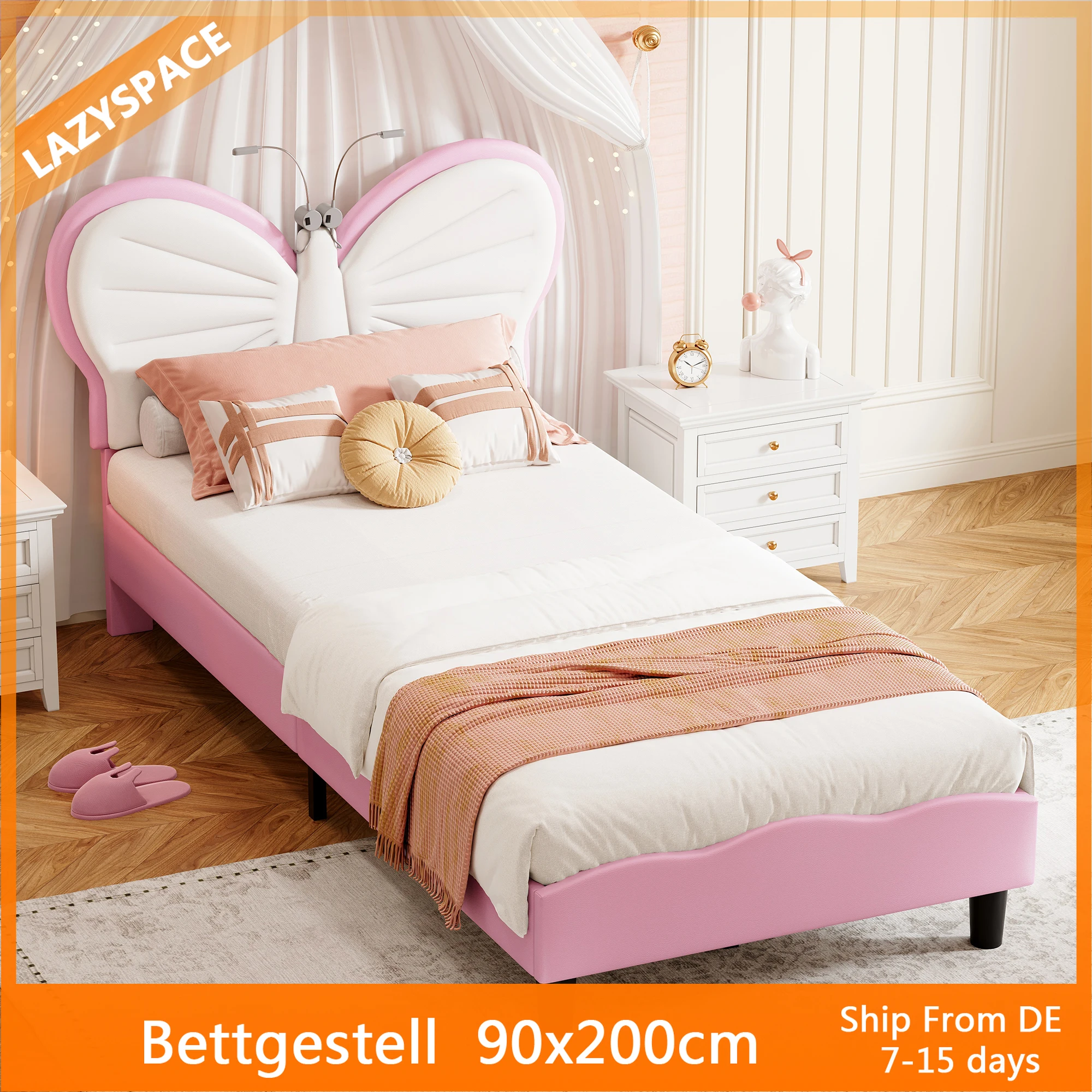 Letto principessa imbottito Lazyspace 90x200 cm, letto singolo a LED, struttura letto con testiera a farfalla regolabile in altezza, base a doghe