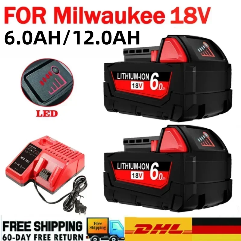 FOR Milwaukee 18V Battery 6.0Ah/12.0Ah M18 XC Lithium Battery 48-11-1860 48-11-1850 48-11-1840 Power Tool Battery Charger