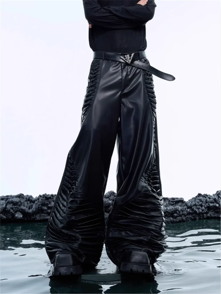 2025 Original side three-dimensional spine crease design matte pu leather pants loose vertical pants