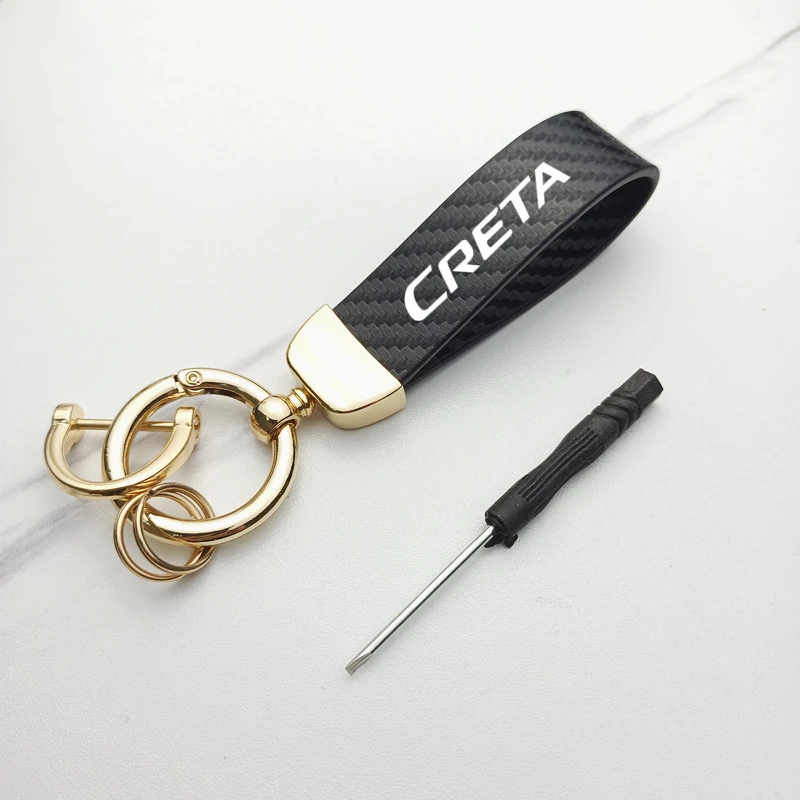 Leather Carbon Fiber Car Keychain Trinket Zinc Alloy Keyrings Rotate 360 Degrees For Hyundai IX25 Creta 2015 2016 2017 2018