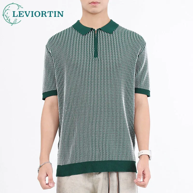 

2025 Men's Summer New Premium Business Light Mature Leisure Versatile Simple Color blocked Collar Knitted Polo Shirt T-shirt