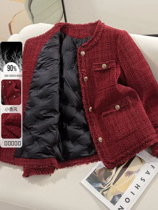 

Зимнее утепленное пальто-пуховик в клетку для женщин, модное, во французском стиле, короткое, из полиэстера, коллекция Осень-Зима 2026