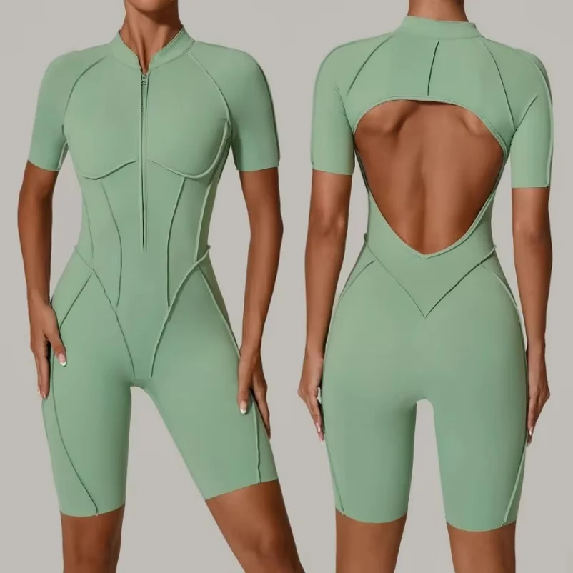 Women's Seamless Zipper Jumpsuit Fitness Set Open Back Bodysuits High Elastic No See-Through Gym Pilates Yoga Workout Activewear