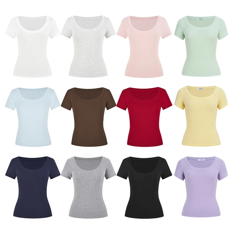MosesQueen Slim Fit Short Sleeve T-Shirt U-Neck Shoulder Width Regular Length Casual Women's Top Fashion Summer 2026
