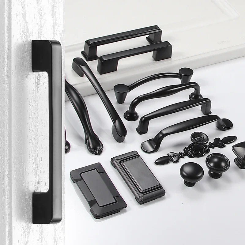 Drawer cabinet door aluminum alloy black handle American style wardrobe door handle cabinet shoe cabinet single hole handle