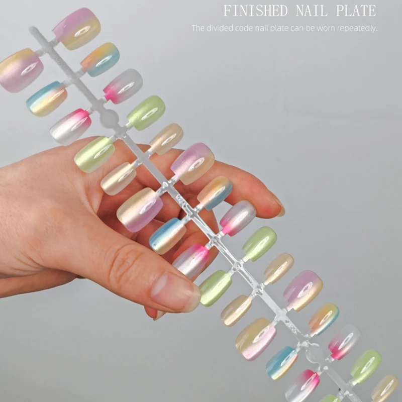 30 Stück handgemachte Gradient-Katzenaugen-Press-On-Kunstnägel, mittelkurze Nagelspitzen, beliebtes Design, Blumendekoration, vollständige Abdeckung – Detail 6