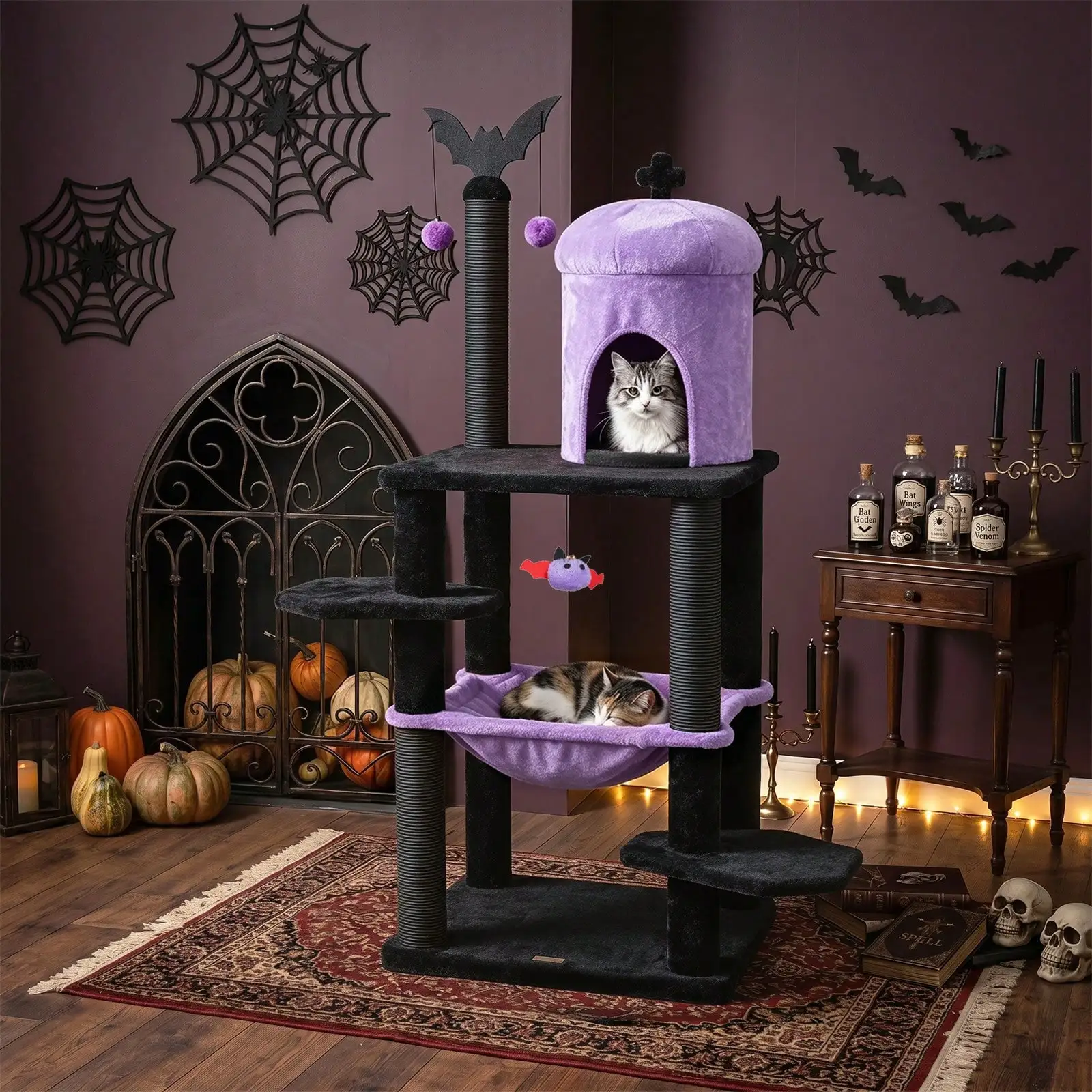 Gothic Cat Tree For Indoor Cats 51'' Spooky Cat Tower W/Castle House Hammock