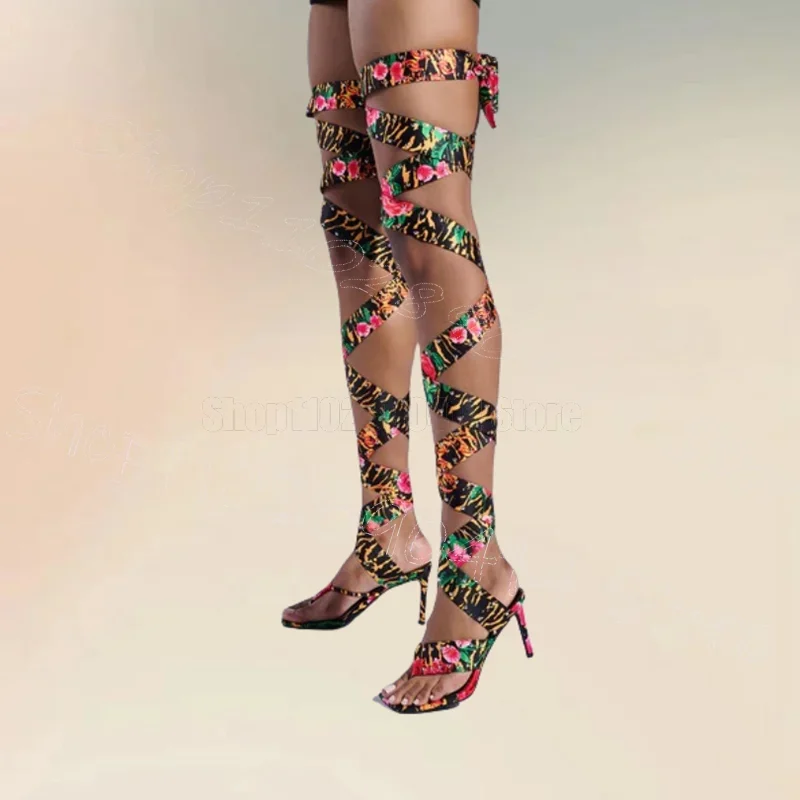 

Colorful Floral Print Flip Flop Twine Sandals Lace Up Women Shoes Thin High Heels Novel Party Banquet 2025 Zapatos Para Mujere