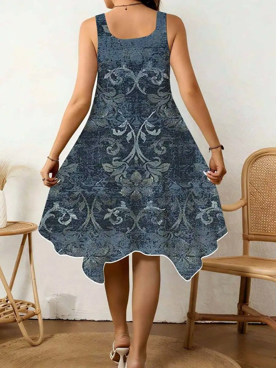 

Blue Floral Print Women Sleeveless Dress V Neck Irregular Hem Comfortable Breathable Vacation Casual Wear