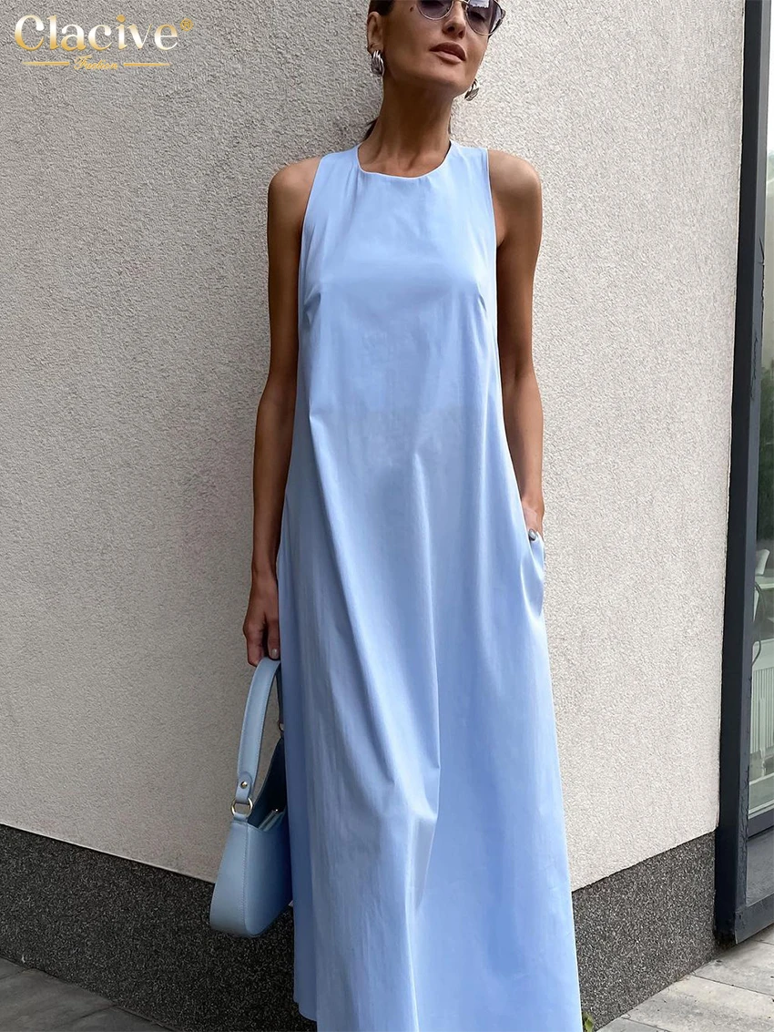 

Clacive Summer Loose Blue Women's Dress 2024 Fashion O-Neck Sleeveless Ankle Length Dresses Elegant Backless Ruffle Female Dress