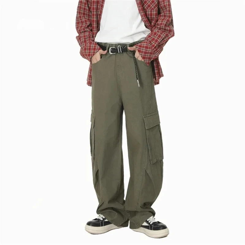 

Men's Wide Leg Cargo Pants American Casual Utility Pocket Vintage Wash High End Cotton Streetwear Daily Trousers