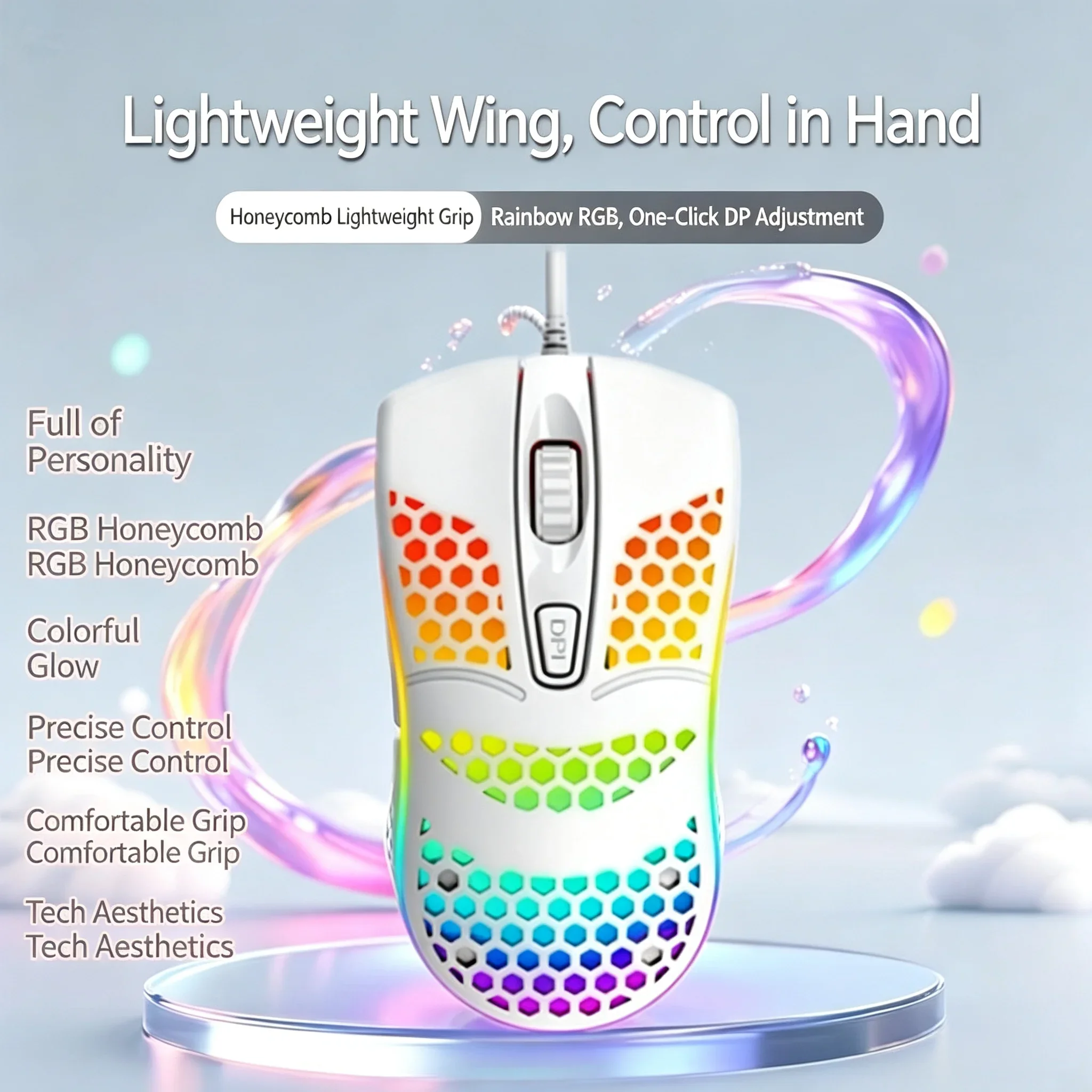 USB Lightweight Honeycomb Wired Gaming Mouse, RGB Colorful LED Backlit 4 Buttons Ergonomic USB Mouse for PC Laptop Amagi
