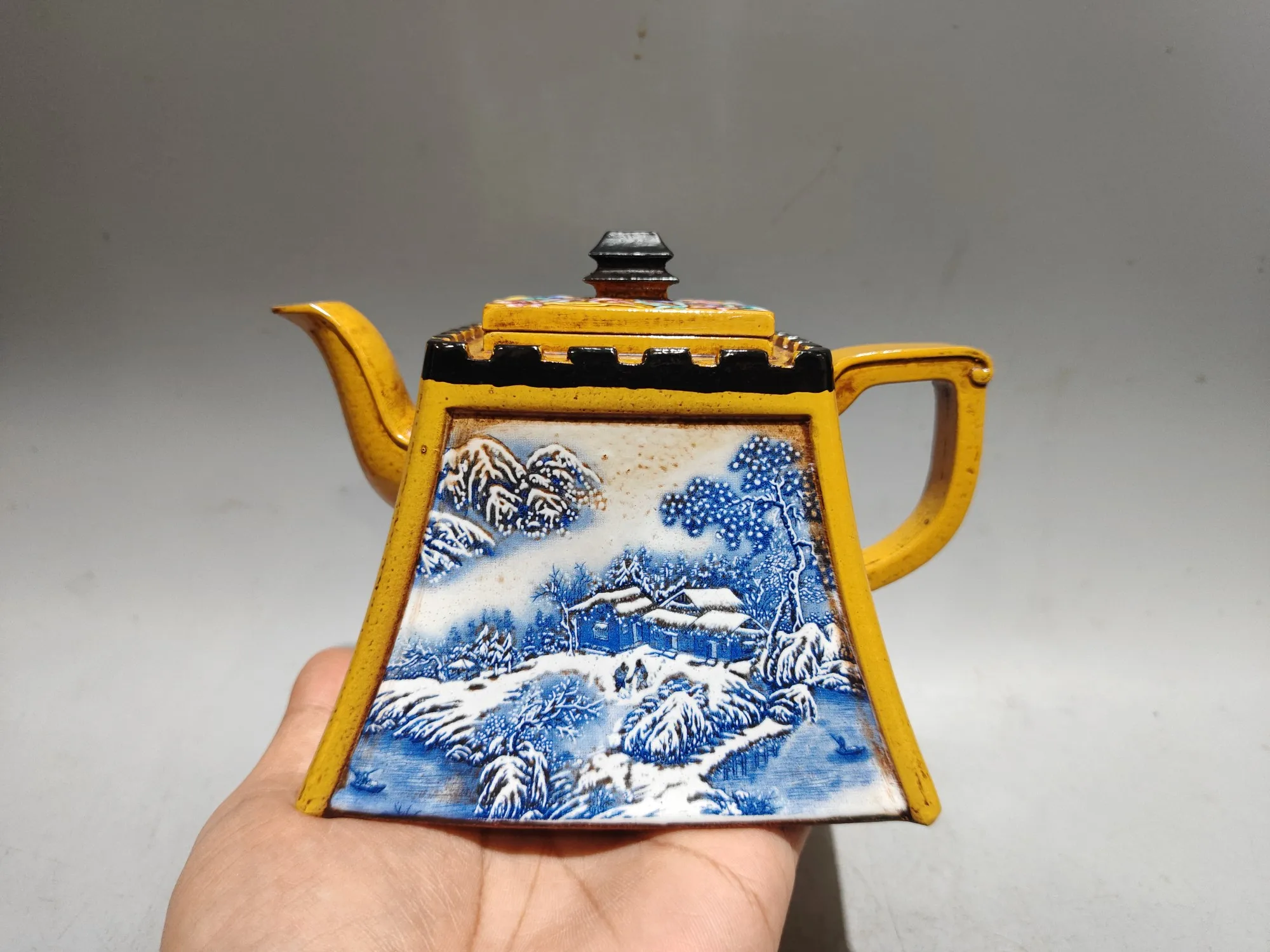 Purple Clay Pot Pointillism Landscape patterns Four sided city shaped pot Teapot Flagon