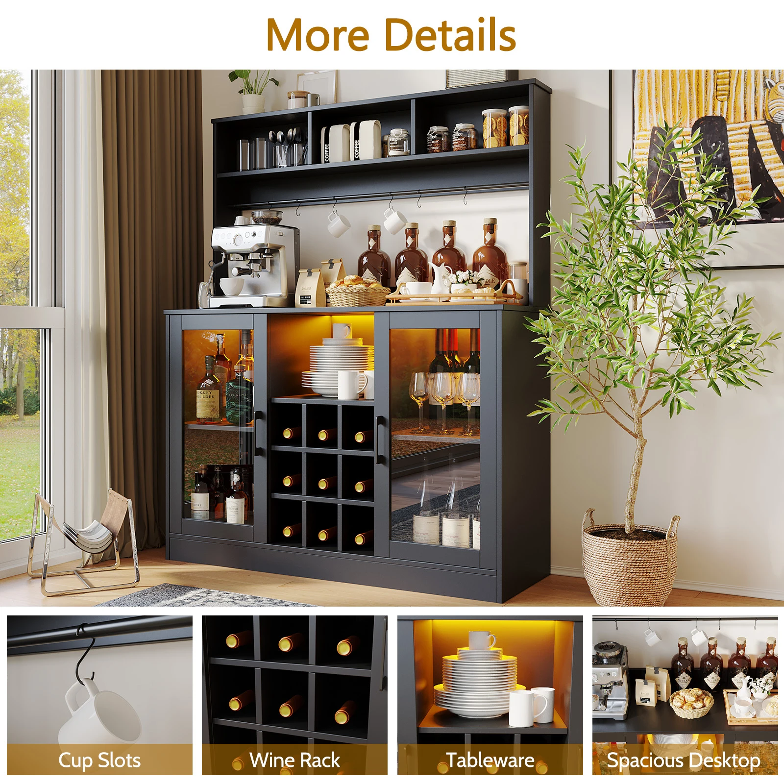 Bar & Wine Cabinets with LED Light Liquor Cabinet Coffee Bar Cabinet with Power Outlet Kitchen Buffet Sideboard with Storage