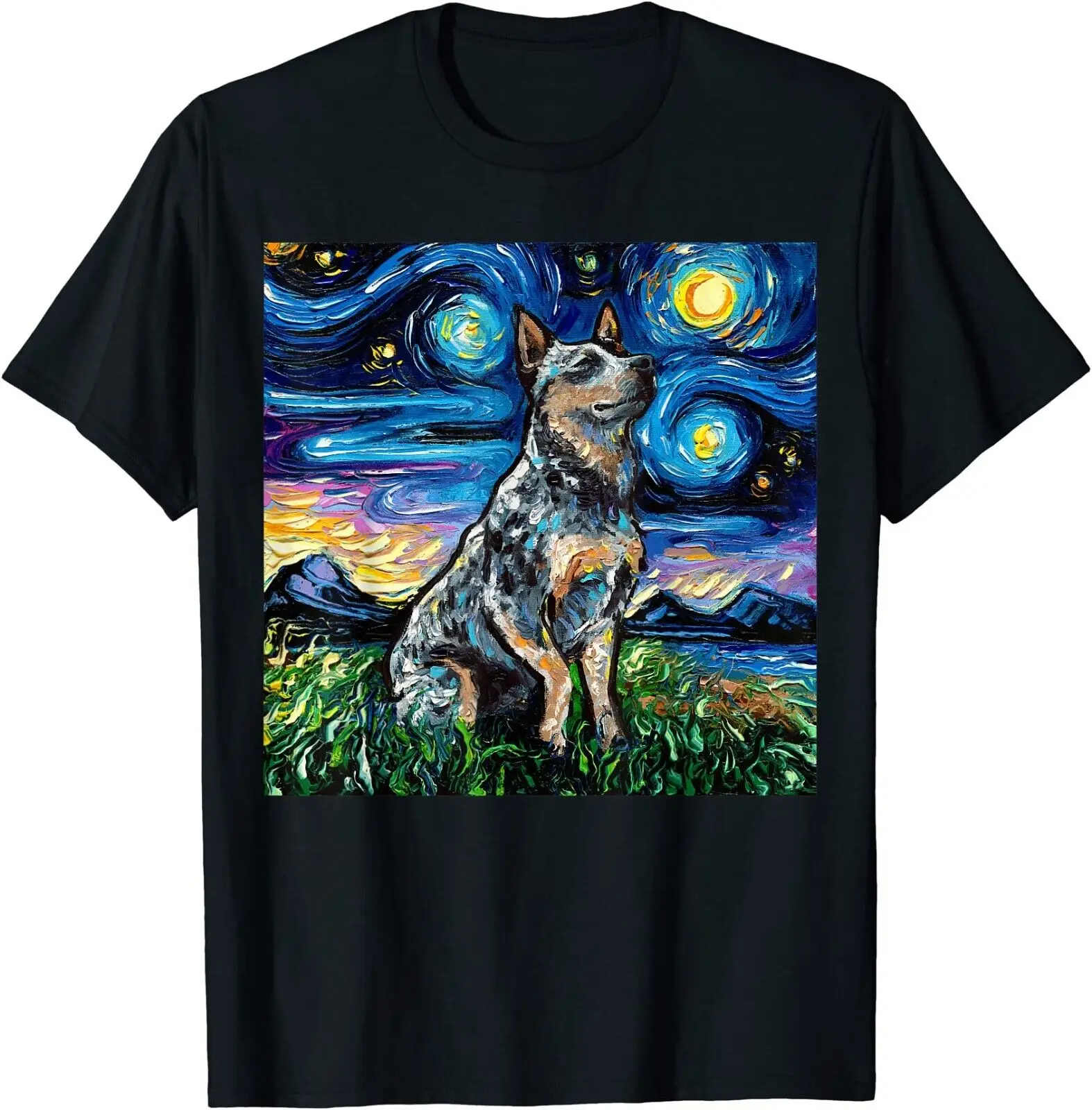 Arte abstracto de la noche estrellada del perro del ganado australiano, obra de arte Unisex, Heeler azul, t-shi