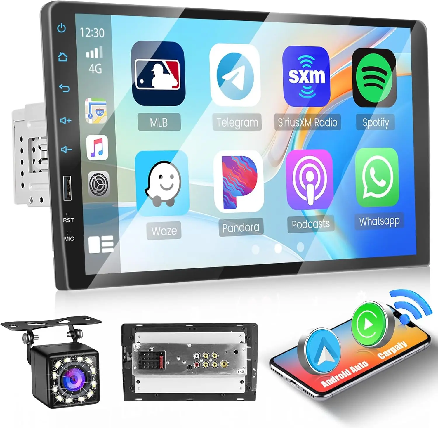 

9 Inch Car Stereo with Wireless CarPlay, Android Auto, Bluetooth, GPS, MirrorLink, Backup Camera, FM, USB