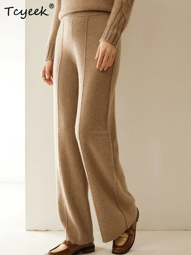 100% Cashmere Pants Women's Straight Pants Autumn Winter Trousers Thicked Elastic Waist  Versatile Trousers Knitwear