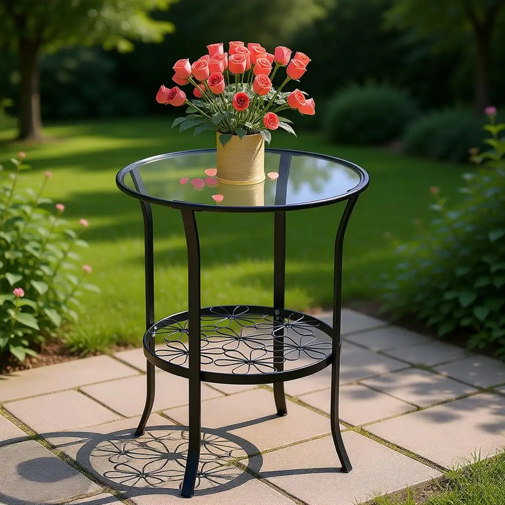 

Round Metal Outdoor Side Table with Glass Top, Suitable for Patio or Balcony