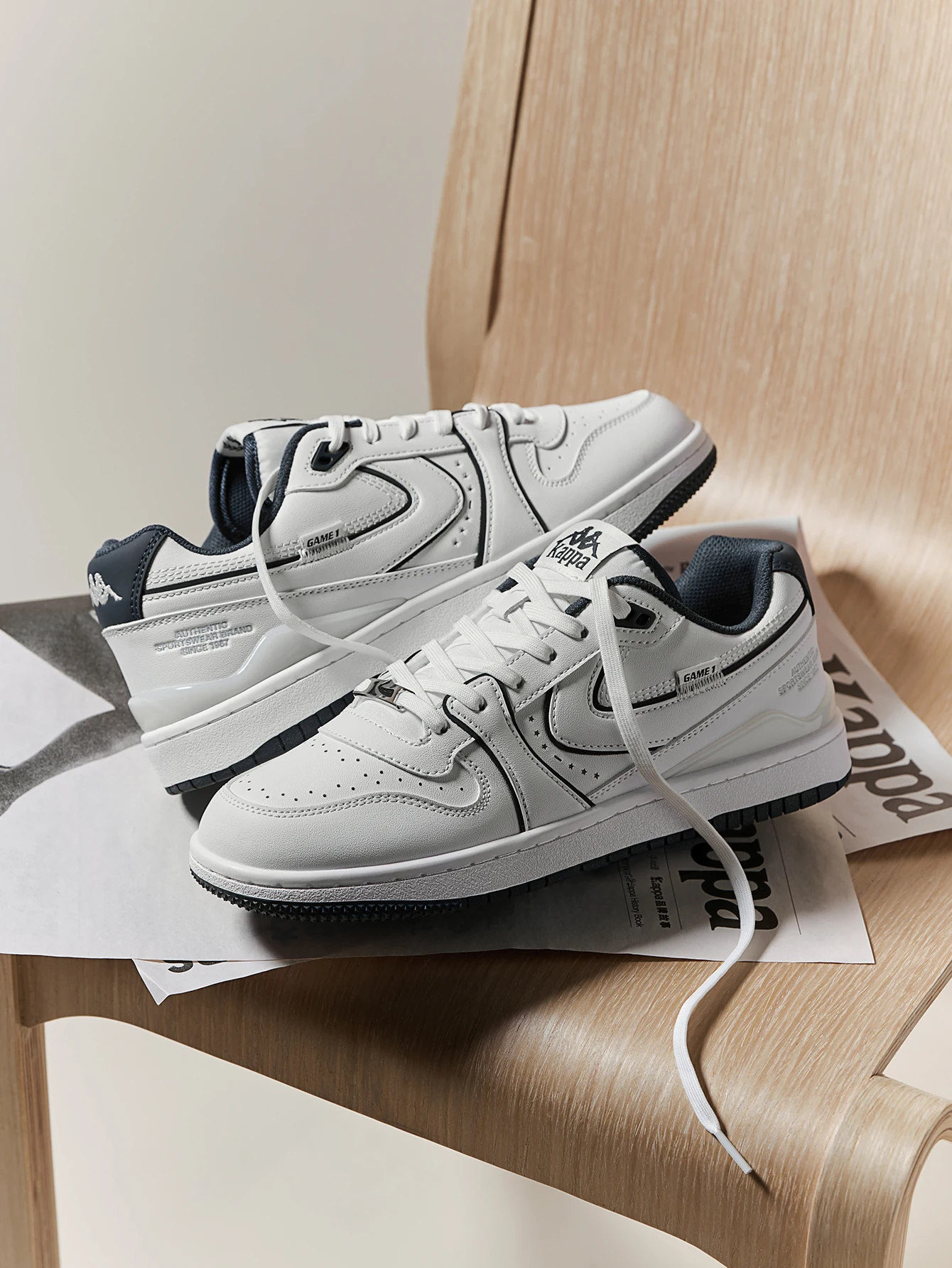 Kappa Men's and Women's Shoes, White and Blue Color-Blocking Low-Top Sneakers, Couple's Leather Versatile White Shoes, Trendy Lace-Up Casual Sports Shoes