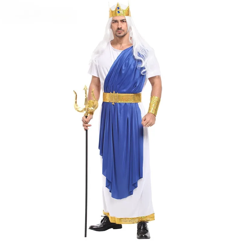 

God of Sea Poseidon Costumes Egyptian Pharaonic White Cosplay Full Set Carnival Masquerade Party Men Adults Halloween