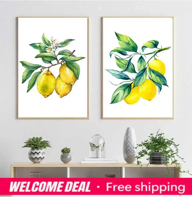 2026  Bonsai Canvas Painting Art Blue White Willow Style Lemon Poster Kitchen Decor Lemon Print  Planter  office decoration