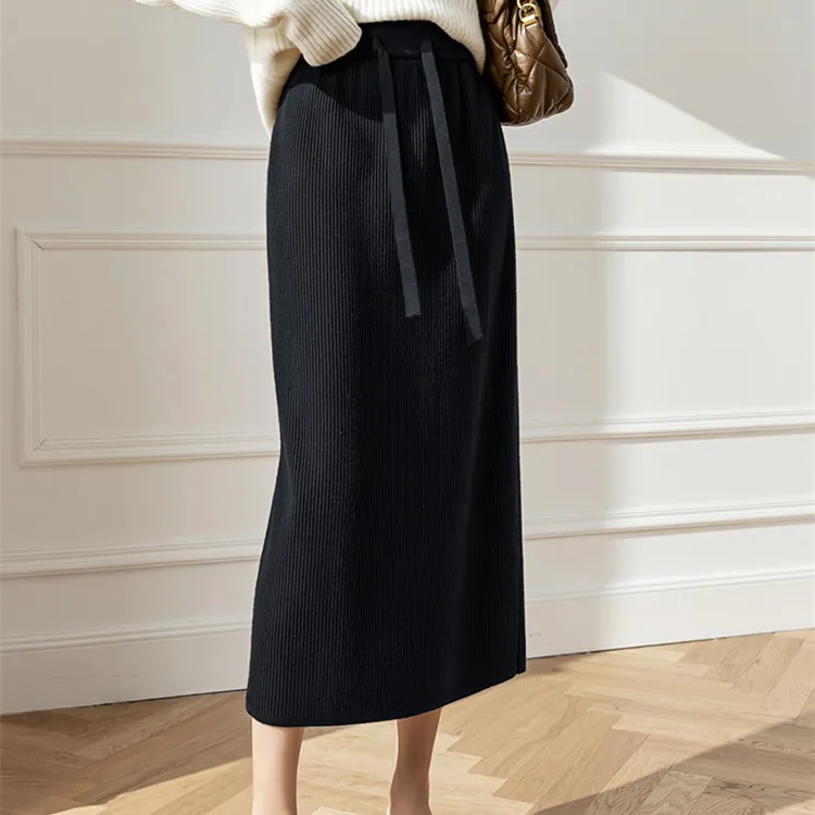 Outono inverno nova moda feminina cor sólida simples básico casual na moda cordão tornozelo comprimento saias de malha roupas femininas