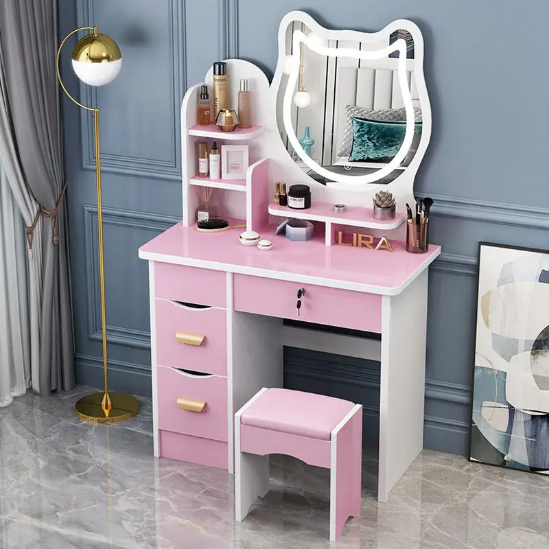 

@#Wholesale Pink Dressing Table Modern High Quality Dresser Set Small Vanity Girl Designer Makeup Table Lighted Mirror Bedroom