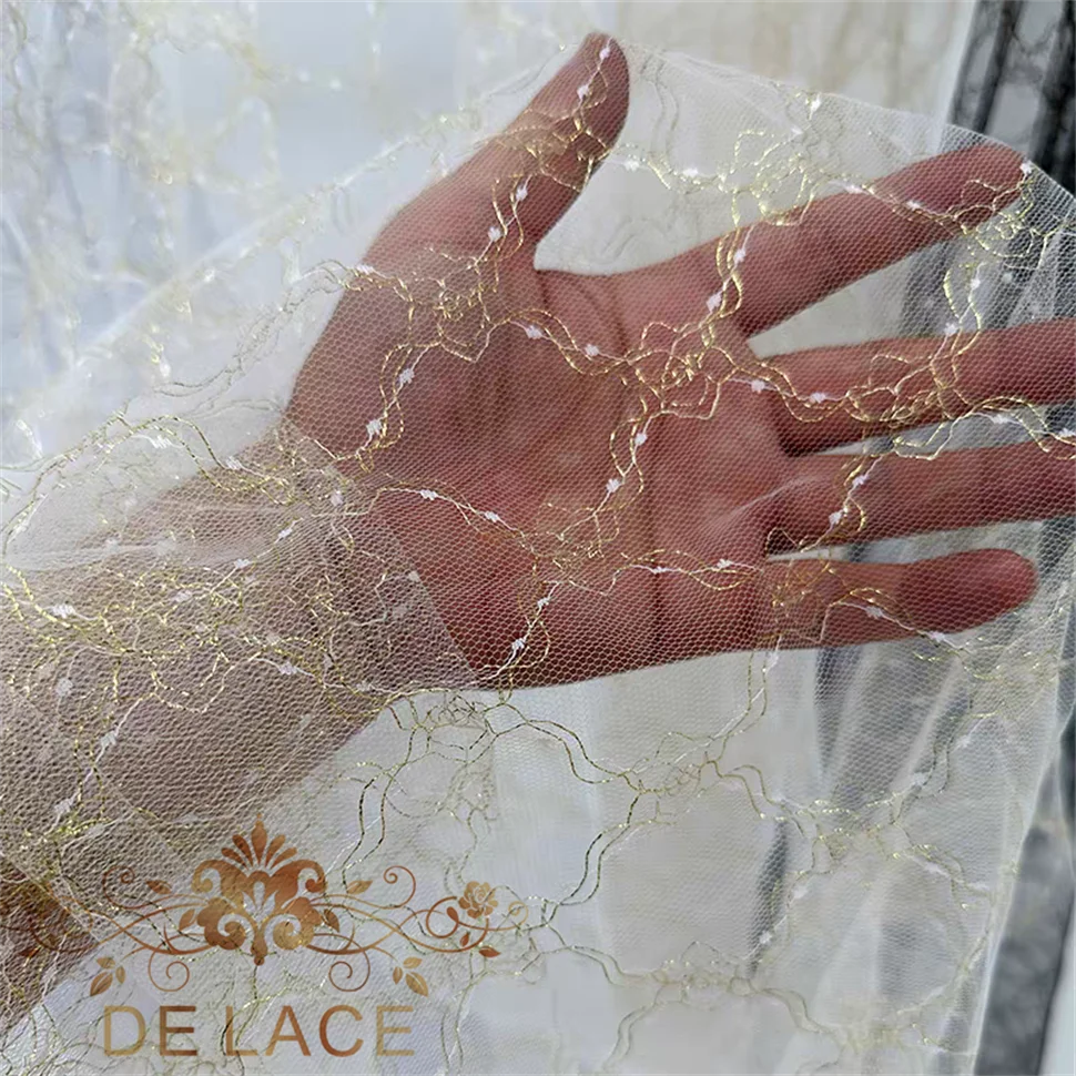 HYF Tecido de malha de renda com fio dourado multicolorido para vestidos de casamento Venda quente lindo vestido de noiva tecido de renda