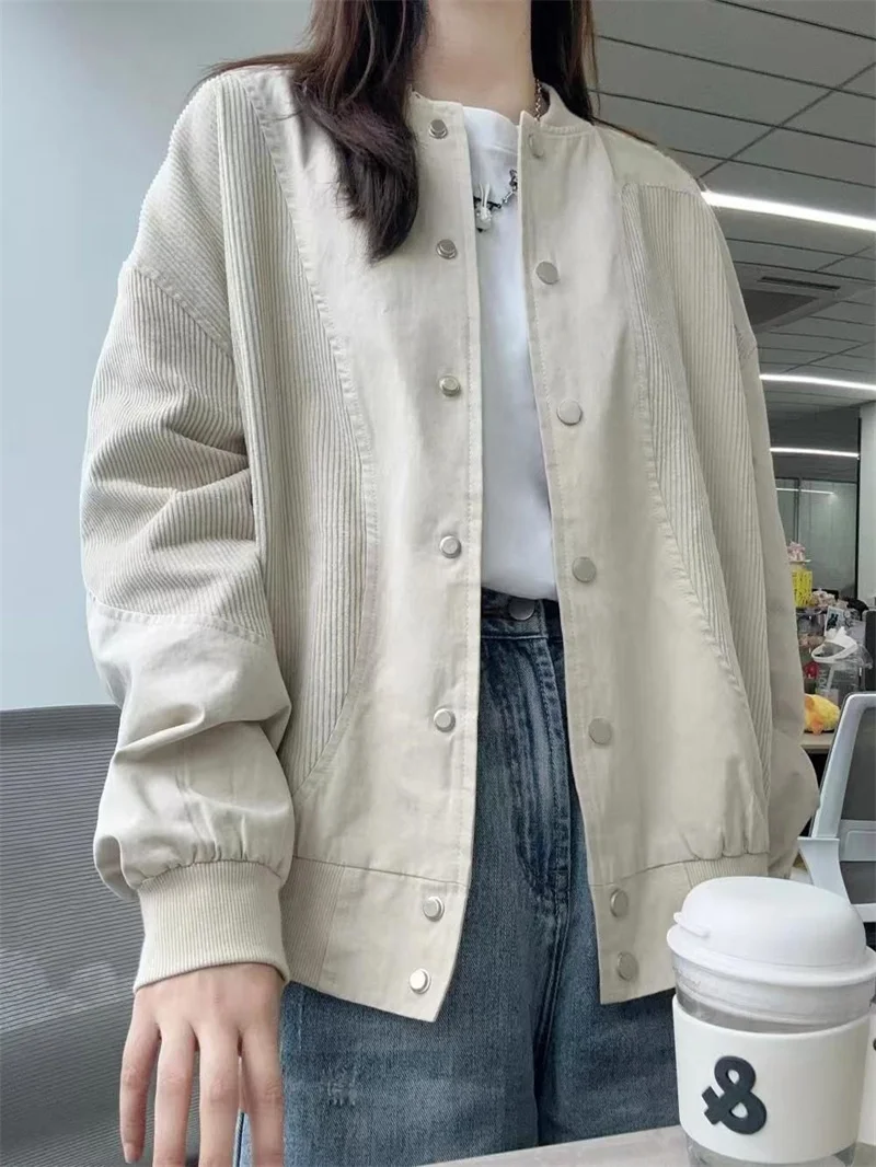 

2025 Early Autumn Corduroy Patchwork Baseball Jacket, Women's Spring and Sutumn American Retro Design, Loose Casual Jacket Top