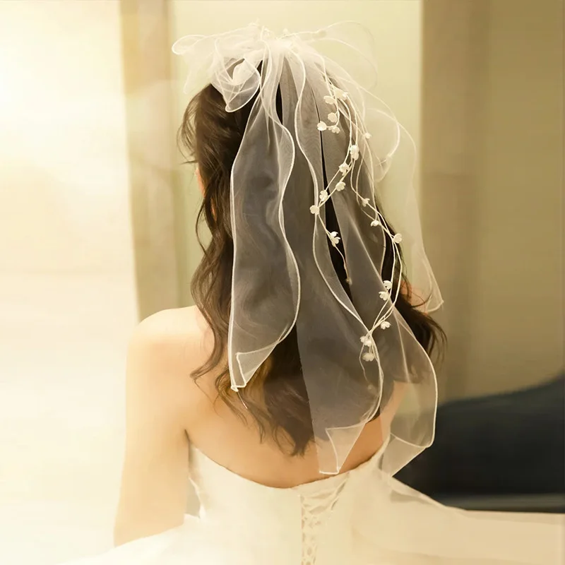 Women Short Veil For Bride Wedding Headdress Flower Bow Tulle Bachelorette Party Veils Engagement Dinner Hair Accessories image 3
