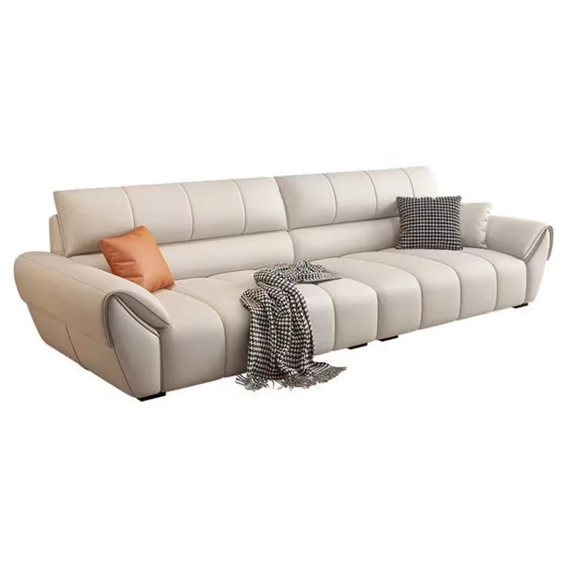 

Leather sofa living room small apartment Italian minimalist piano keys cream wind straight row three-person leather sofa