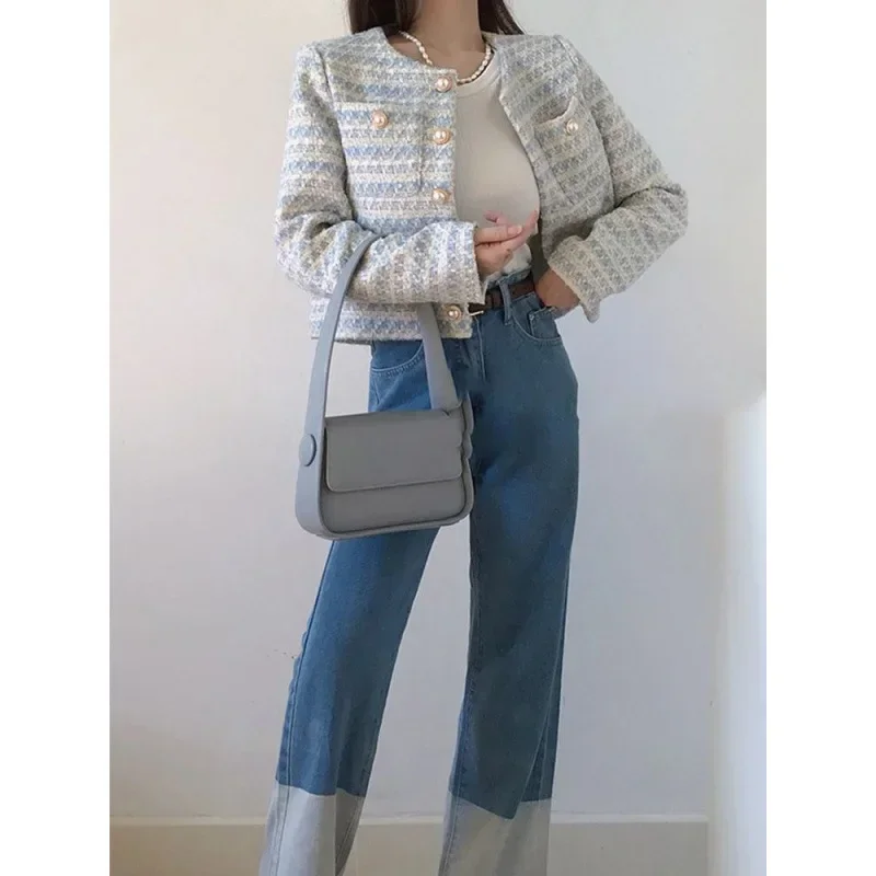 

Элегантная винтажная твидовая куртка с длинными рукавами, женская осенняя свободная укороченная куртка, чувственный нишевый дизайн, одежда во французском стиле